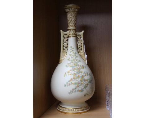 A ROYAL WORCESTER PERSIAN STYLE TWIN HANDLED VASE, painted floral/fern detail, impressed 942 and puce backstamp to base, heig