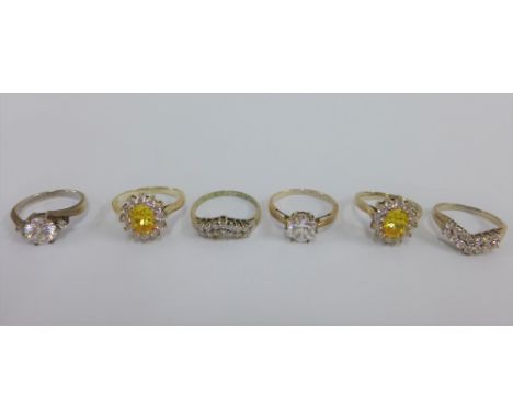 Six silver gemset rings (6) 