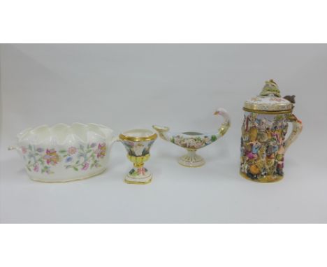 Mintons Haddon Hall oval planter, two Capodimonte vases and a Naples tankard (the lid a.f) (4) 