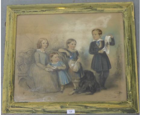 A. Blackley 19th century family group of four children with their dog Pencil and pastel sketch signed and dated indistinctly,