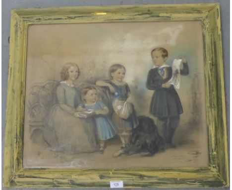 A. Blackley 19th century family group of four children with their dog Pencil and pastel sketch signed and dated indistinctly,