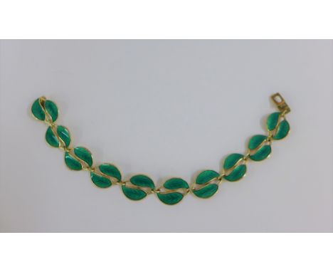 David Andersen Norwegian silver gilt and green enamel leaf bracelet, stamped with makers mark &amp; 925S Sterling Norway 