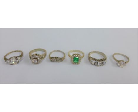 Six silver gemset rings (6) 