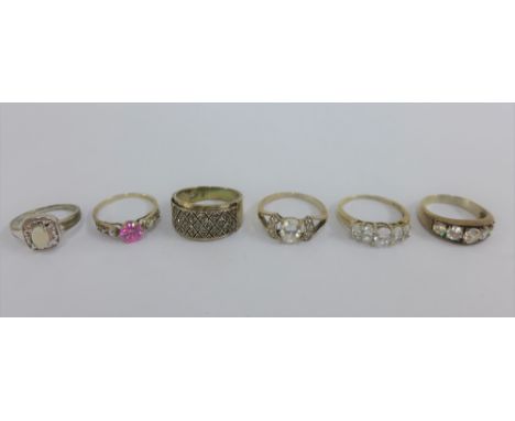 Six silver gemset rings (6) 