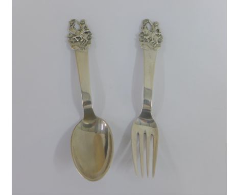 Danish silver fork and spoon set, with figure and deer terminals, 14cm long, (2) 