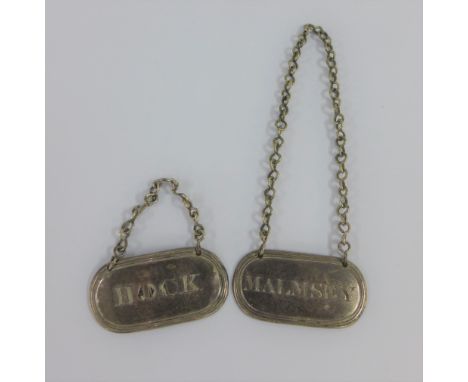 Malmsey &amp; Hock white metal decanter labels, 4.5cm (2) 