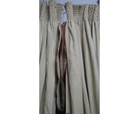 CURTAINS, set of three joined in middle, in cream with brown edging lined and interlined each 230cm W x 308cm drop with six t