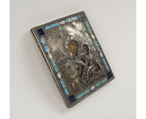 TRAVELLING ICON, Russian with hallmarked silver & coloured enamel oklad, depicting Mother of God and Christ, 8.75cm H x 7cm W