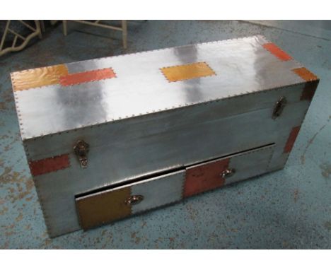 TRUNK, aviation style with two drawers below in a steel patchwork finish, 111cm x 41cm x 50cm H.