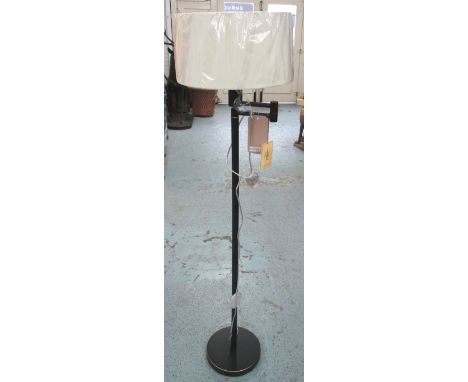 TALL STANDING FLOOR LAMP, black and brass finish, with shade, 145cm H.