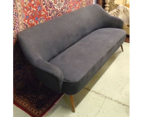 SOFA, circa 1950's, beechwood with denim effect slate upholstery on short tapered supports, 172cm L x 72cm H. (with faults)