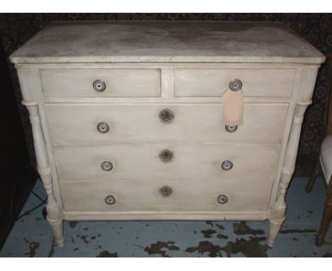 COMMODE, late 19th century French traditionally grey painted with four long drawers, columns and marble, 100cm x 50cm x 87cm 