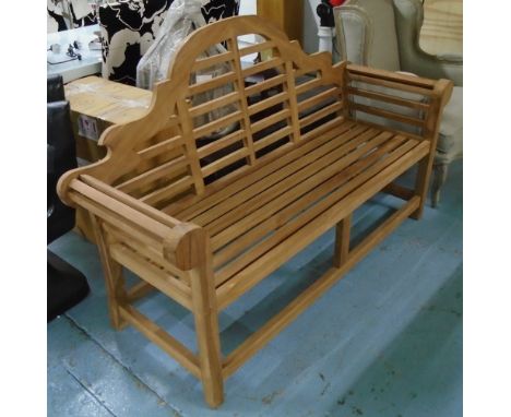 MARLBOROUGH/LUTYENS BENCH, in teak, slatted, on square supports, 162cm L. 