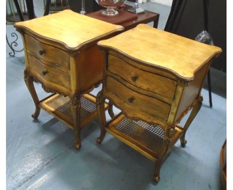 BEDSIDE DRAWERS, a pair, French style, with two drawers and cane shelf below, in gilded finish, 51cm x 41cm x 73cm H. (2)