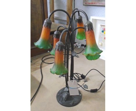 GALLE STYLE LAMP, having six branches with coloured glass shades on foliate cast dragonfly base, 68cm H. (Continental plug)