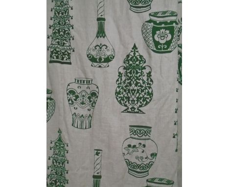 CURTAINS, two pairs, green Ming vases on a natural background and lined, 95cm gathered by 285cm drop. (4) (with faults)