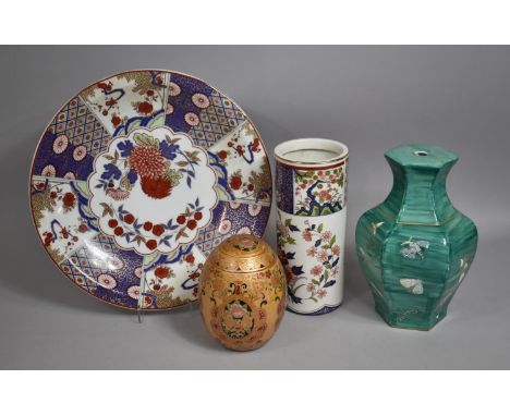 A Collection of Various Oriental Items to Comprise Sleeve Vase, Charger, Vase, Table Lamp Base Etc 