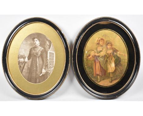 Two Oval Ebonized Frames, One Containing Textured Print and The Other Photograph of a Young Girl, Each 28x21cms 