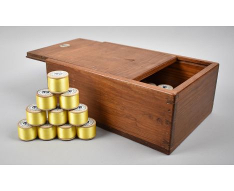 A Vintage Pitch Pine Box with Sliding Lid Containing Cottons, 25cms Wide 