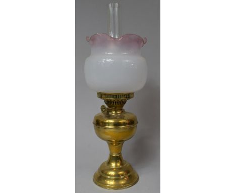 A Mid 20th Century Brass Oil Lamp with Opaque Glass Shade and Plain Chimney, 50cm high 