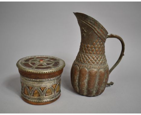 A Vintage Indian Copper Jug with Traces of Original Silver Plate together with a Silver Plate Mounted Circular Box with Orang