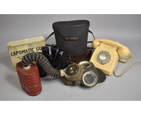 A Collection of Sundries to include Vintage Cream telephone, Gas Mask, Travelling Set, Cased Binoculars Capomatic Gun 