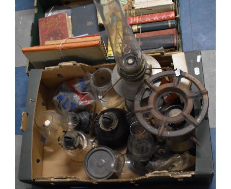 A Box Containing Various Vintage Oil Lamps, Hurricane Lamps and Stove 