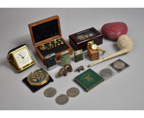 A Collection of Sundries to include Clay Pipe (AF) Jewellery Boxes, British Crowns, Alarm Clock, Wooden Box Containing Scale 