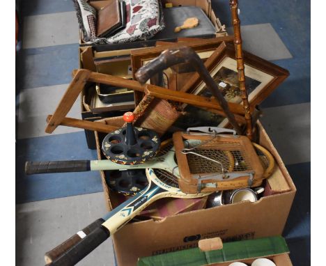 A Collection of Sundries to include Vintage Rackets, Walking Sticks, Pictures and Prints, Egg Stand Etc 