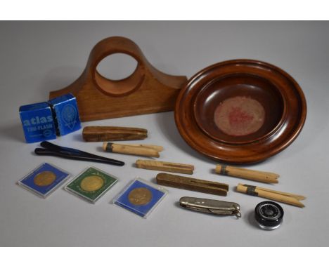 A Mahogany Clock Frame, Turned Offertory Bowl, Vintage Pegs, Medallions, Pen Knife Etc 