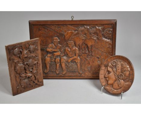 Three Carved Wooden Plaques, Oval Portrait of a Maiden Inscribed Souvenir D' R Roulland Sculp, 1914, a Rectangular Floral Exa
