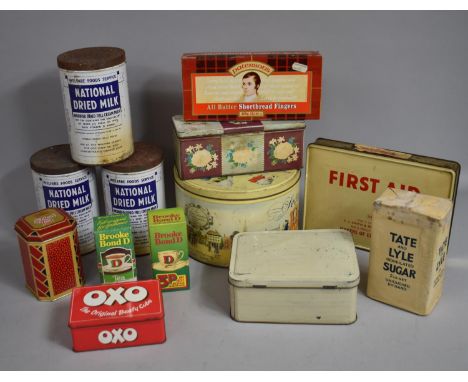 A Collection of Various Vintage Tins to Comprise  National Dried Milk, Oxo, First Aid Box with Contents, Tea Etc 