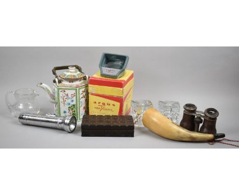 A Collection of Sundries to include Oriental Hexagonal Teapot, Slide Viewer, Glass Jug and Candlestick, Carved Wooden Box, Op