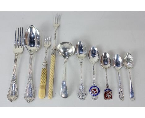 A Victorian silver christening spoon and fork set with beaded handle and engraved initials, London 1875, a George V silver sa