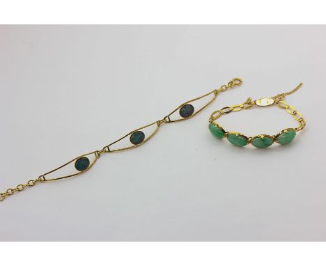 A Chinese gold and jade bracelet, and a silver gilt and opal doublet bracelet