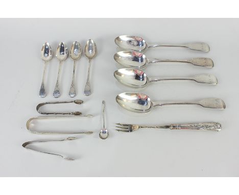 A set of four Victorian silver fiddle pattern tablespoons, maker George William Adams, London 1850, a set of four bright cut 