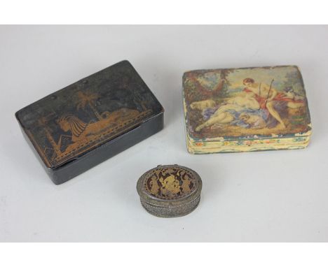 An early 19th century papier mache snuff box, rectangular shape with lid decorated with sphinx, pyramids and palm trees, 8.5c