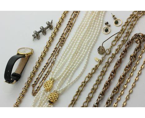 Five gold plated neck chains, a lady's wristwatch, silver owl brooch, stick pin, earrings, and a freshwater pearl necklace