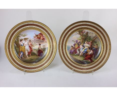 A pair of Vienna porcelain cabinet plates decorated with mythical scenes, the robbery of Europe and Mercury pursuing Herse, s