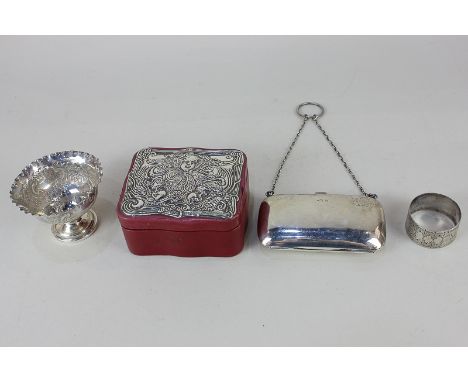 A George V silver lady's purse, makers W H Haseler Ltd, Birmingham 1920, together with a silver mounted jewellery box, a napk