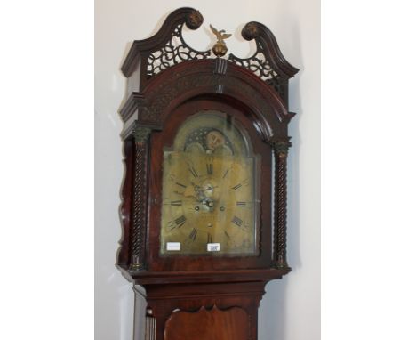 A George III mahogany longcase clock, maker Isaac Hewlett, Bristol, the domed brass 11 3/4 inch dial with phases of the moon,