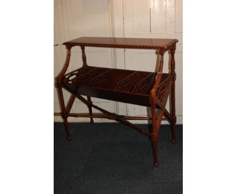 A Chinoiserie style faux bamboo magazine / book stand side table with shelf and five-division trough, on turned legs with X s