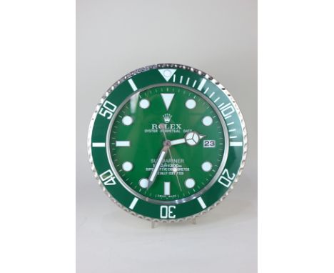 A Rolex advertising wall clock, Oyster Perpetual Date Submariner, in green, 34cm