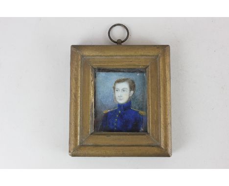 A 19th century miniature portrait of an officer, wearing blue tunic with gold epaulettes, 7cm by 6cm
