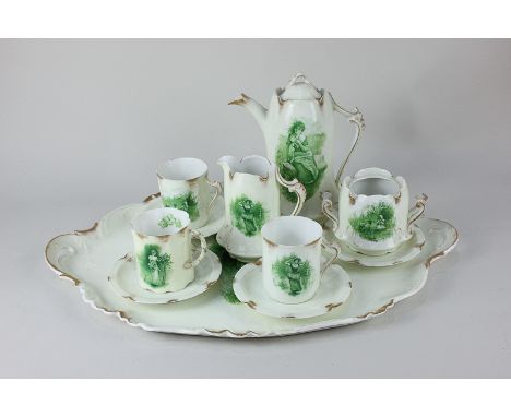 A Rosenthal porcelain 'Sevres' coffee set decorated in green with vignettes of women and children, on cream ground with gilt 