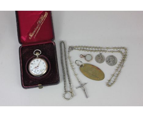 A German 800 silver cased pocket watch in leather case, and a metal watch chain, together with a rosary, a House of Commons k