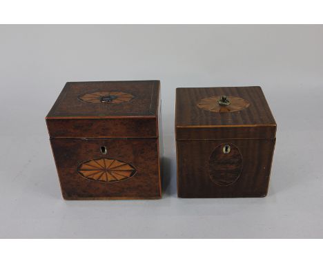 A 19th century fruitwood tea caddy with bat's wing inlay, together with another inlaid tea caddy