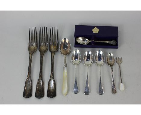 Three George III silver fiddle pattern table forks, maker Richard Crossley, London 1801, together with three Victorian silver
