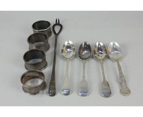 A George V silver olive spoon, makers Stevenson &amp; Law, Sheffield 1914, together with two pairs of silver napkin rings, pr