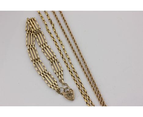 A 9ct gold gate link bracelet and two 9ct gold neck chains, 18.2g